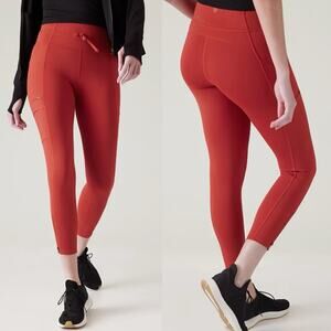 Athleta Rainier Unbrushed 7/8 Leggings Sz XS Coral Red Gym Yoga Pockets Zipper